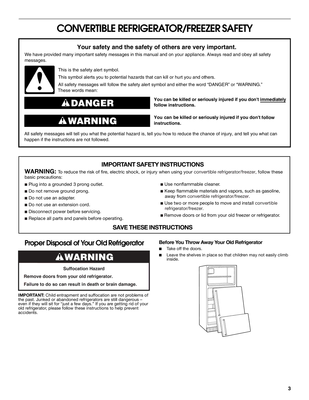 Whirlpool GAFZ21XXRK01 manual Convertible REFRIGERATOR/FREEZER Safety, Before You Throw Away Your Old Refrigerator 