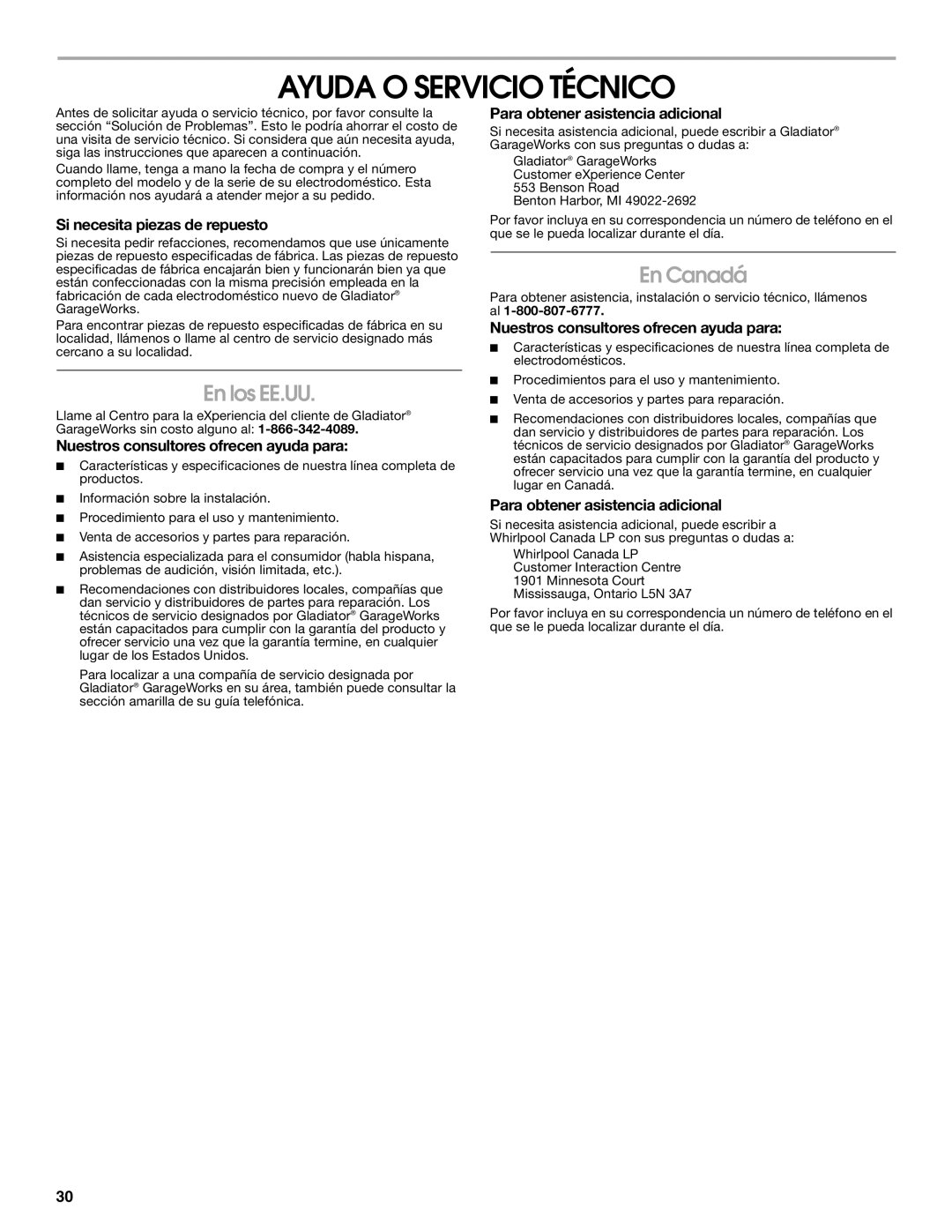 Whirlpool GAFZ21XXRK01 manual Ayuda O Servicio Técnico, En los EE.UU, En Canadá 