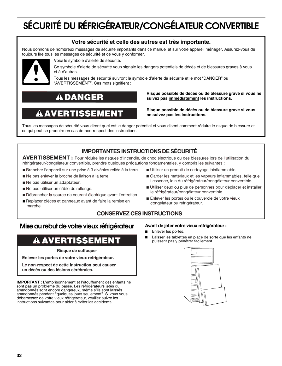 Whirlpool GAFZ21XXRK01 manual Sécurité DU RÉFRIGÉRATEUR/CONGÉLATEUR Convertible, Avant de jeter votre vieux réfrigérateur 