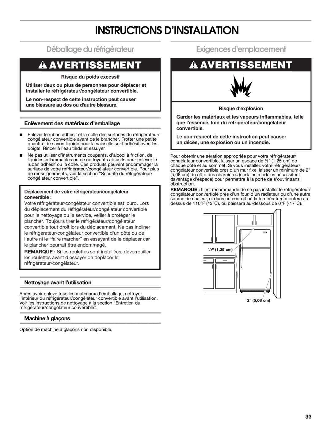 Whirlpool GAFZ21XXRK01 manual Instructions D’INSTALLATION, Déballage du réfrigérateur, Exigences demplacement 