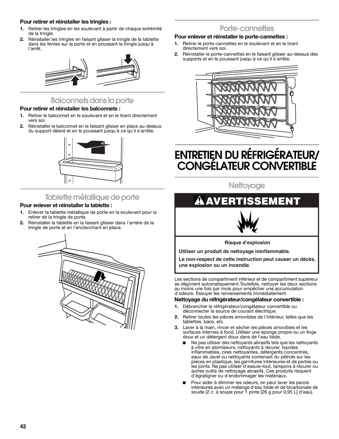 Whirlpool GAFZ21XXRK01 manual Balconnets dans la porte, Porte-cannettes, Tablette métallique de porte, Nettoyage 