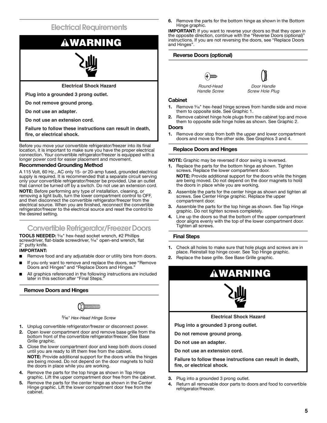 Whirlpool GAFZ21XXRK01 manual Electrical Requirements, Convertible Refrigerator/Freezer Doors 