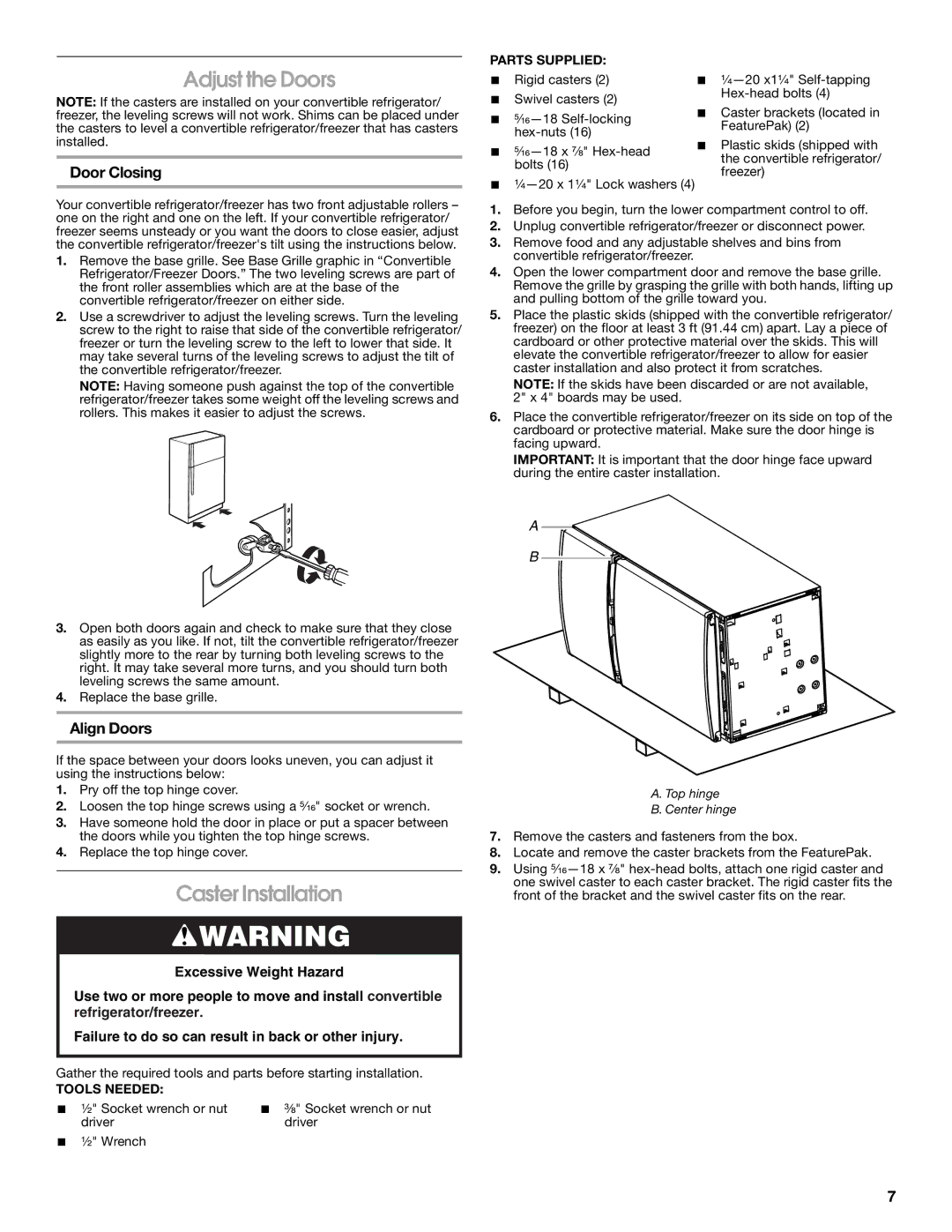 Whirlpool GAFZ21XXRK01 manual Adjust the Doors, Caster Installation, Door Closing, Align Doors 