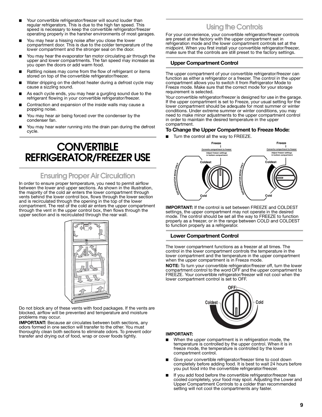 Whirlpool GAFZ21XXRK01 manual Convertible, Ensuring Proper Air Circulation, Using the Controls 