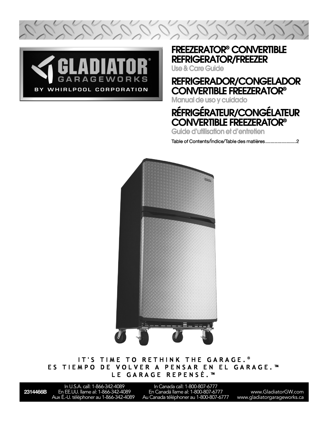 Whirlpool GAFZ21XXRK01 manual Freezerator Convertible Refrigerator/Freezer, Use & Care Guide, Manual de uso y cuidado 