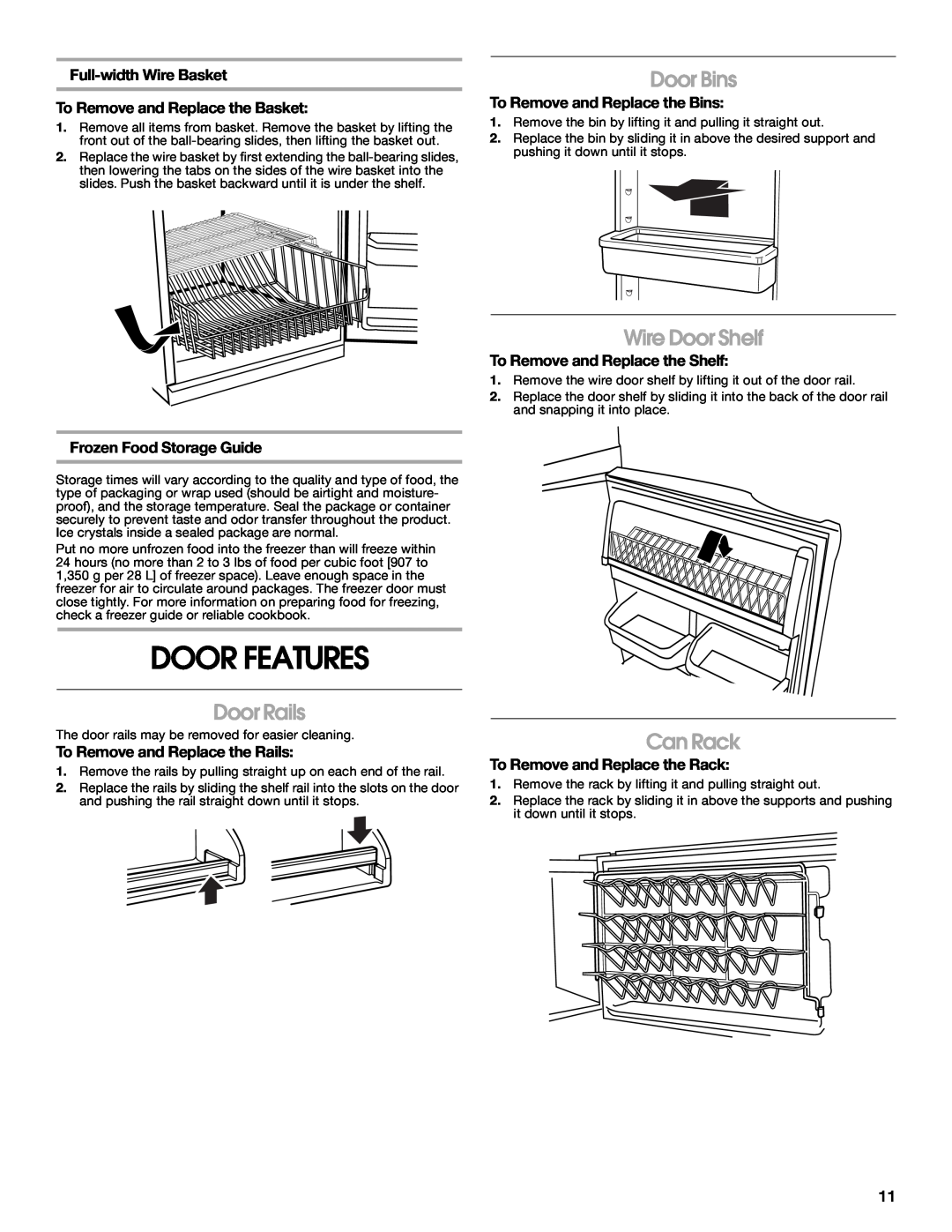 Whirlpool GAFZ21XXRK01 manual Door Features, Door Rails, Door Bins, Wire Door Shelf, Can Rack, Frozen Food Storage Guide 