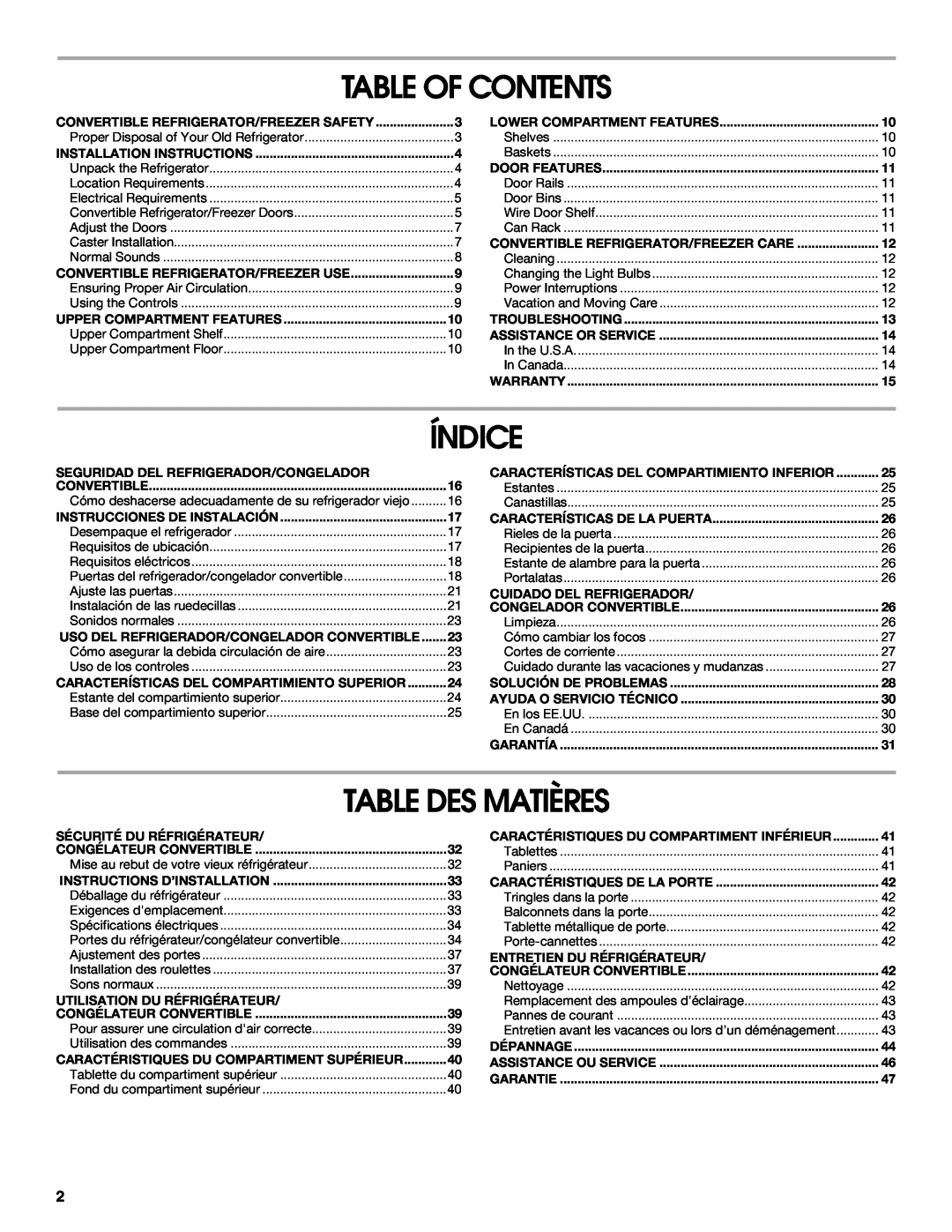 Whirlpool GAFZ21XXRK01 manual Table Of Contents, Índice, Table Des Matières 
