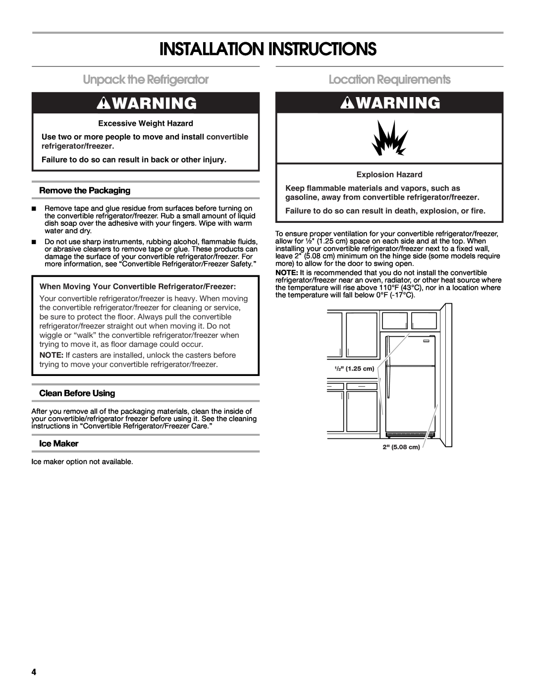 Whirlpool GAFZ21XXRK01 Installation Instructions, Unpack the Refrigerator, Location Requirements, Remove the Packaging 