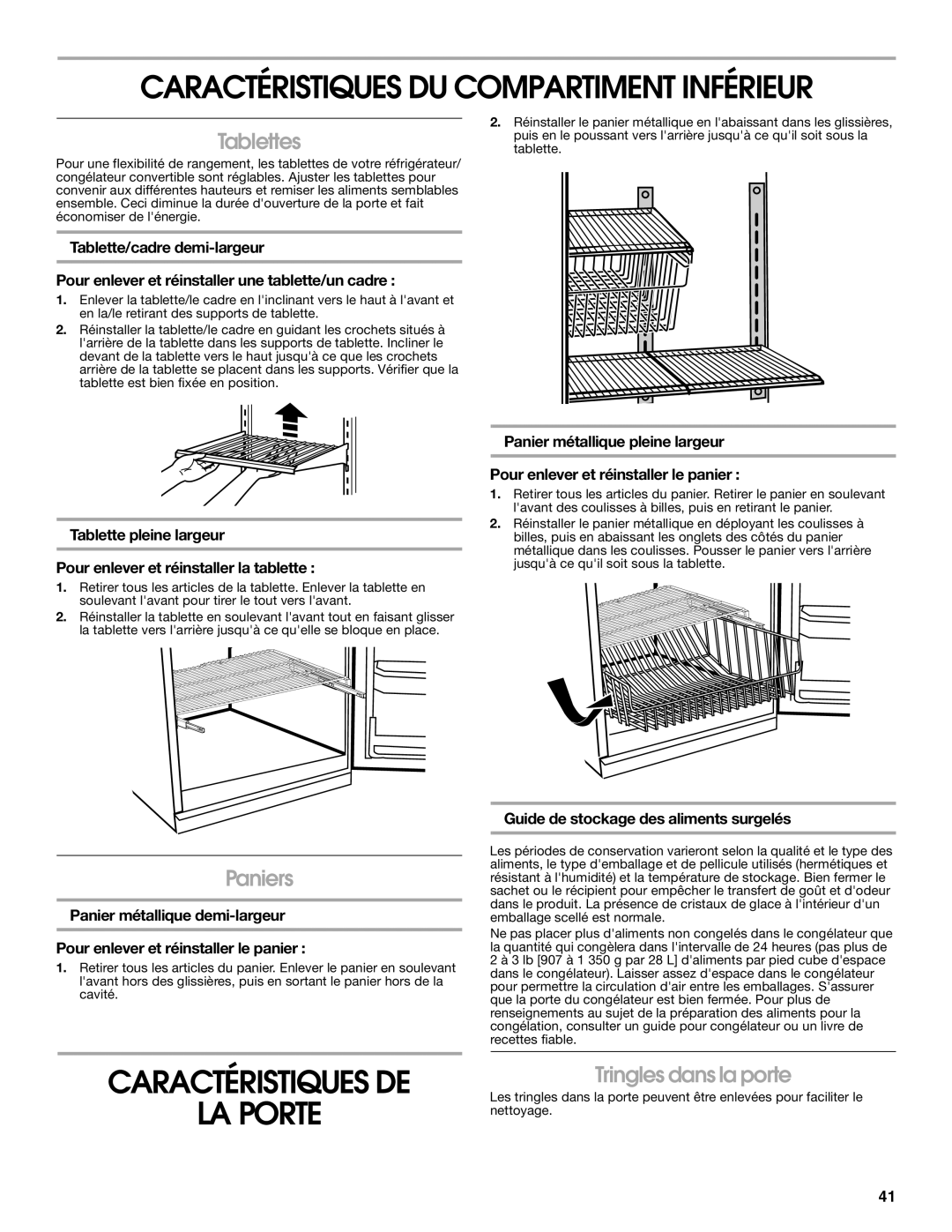 Whirlpool GAFZ21XXRK01 manual Caractéristiques De La Porte, Caractéristiques Du Compartiment Inférieur, Tablettes, Paniers 
