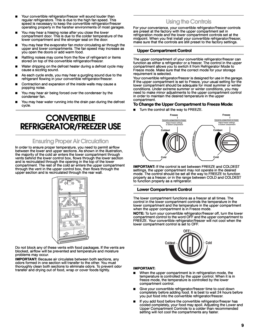 Whirlpool GAFZ21XXRK01 manual Convertible, Refrigerator/Freezer Use, Ensuring Proper Air Circulation, Using the Controls 