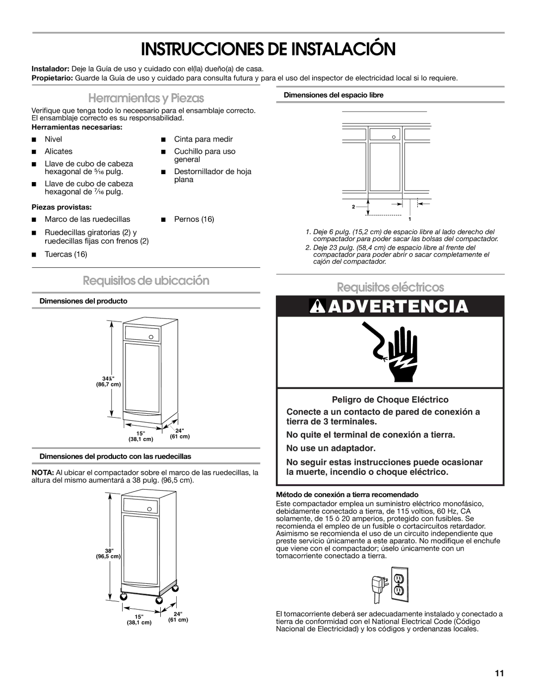 Whirlpool GARAGE COMPACTOR manual Instrucciones DE Instalación, Herramientas y Piezas, Requisitos de ubicación 