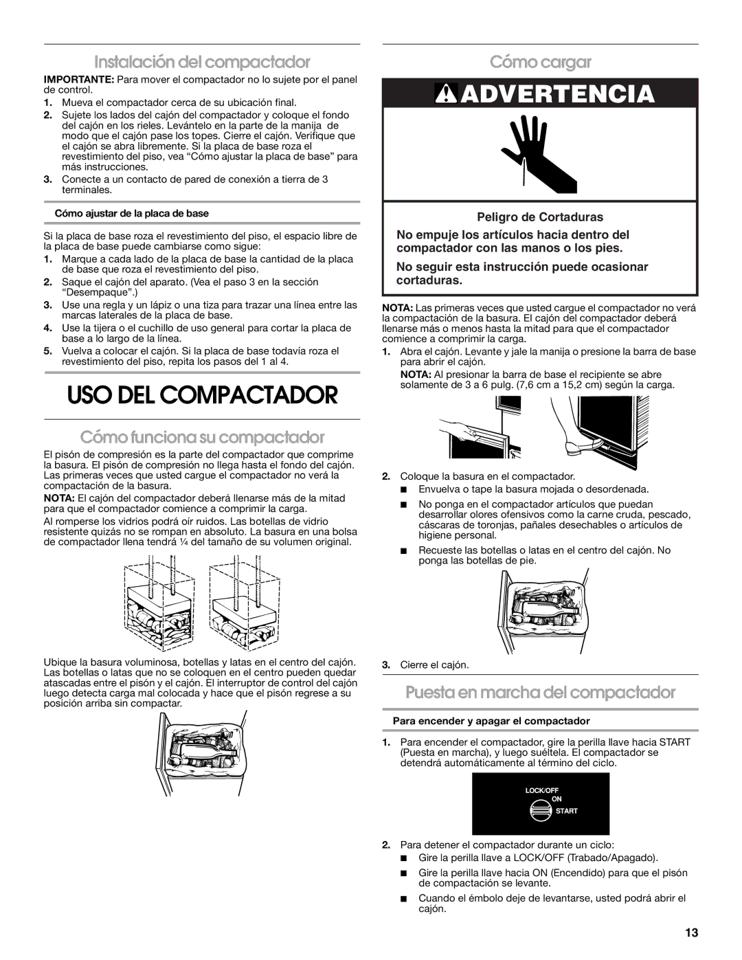 Whirlpool GARAGE COMPACTOR USO DEL Compactador, Instalación del compactador, Cómo funciona su compactador, Cómo cargar 