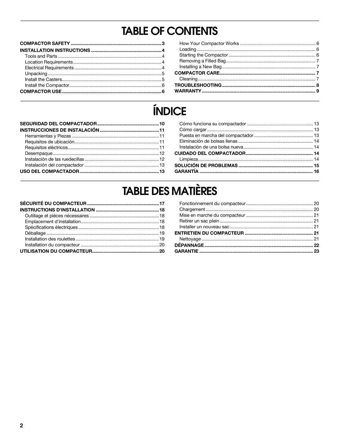 Whirlpool GARAGE COMPACTOR manual Table of Contents, Índice, Table DES Matières 