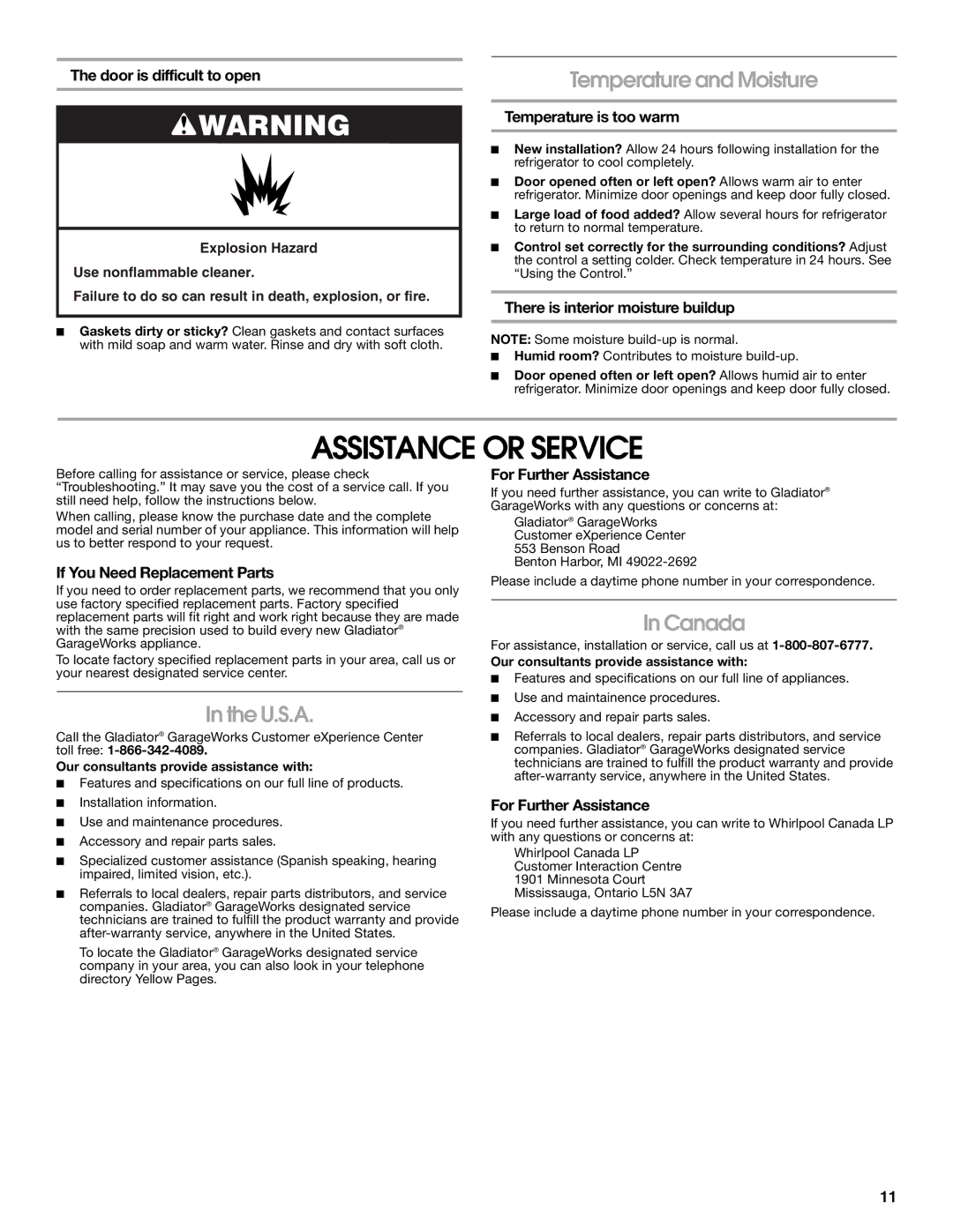 Whirlpool GARAGE REFRIGERATOR manual Assistance or Service, Temperature and Moisture, U.S.A, Canada 