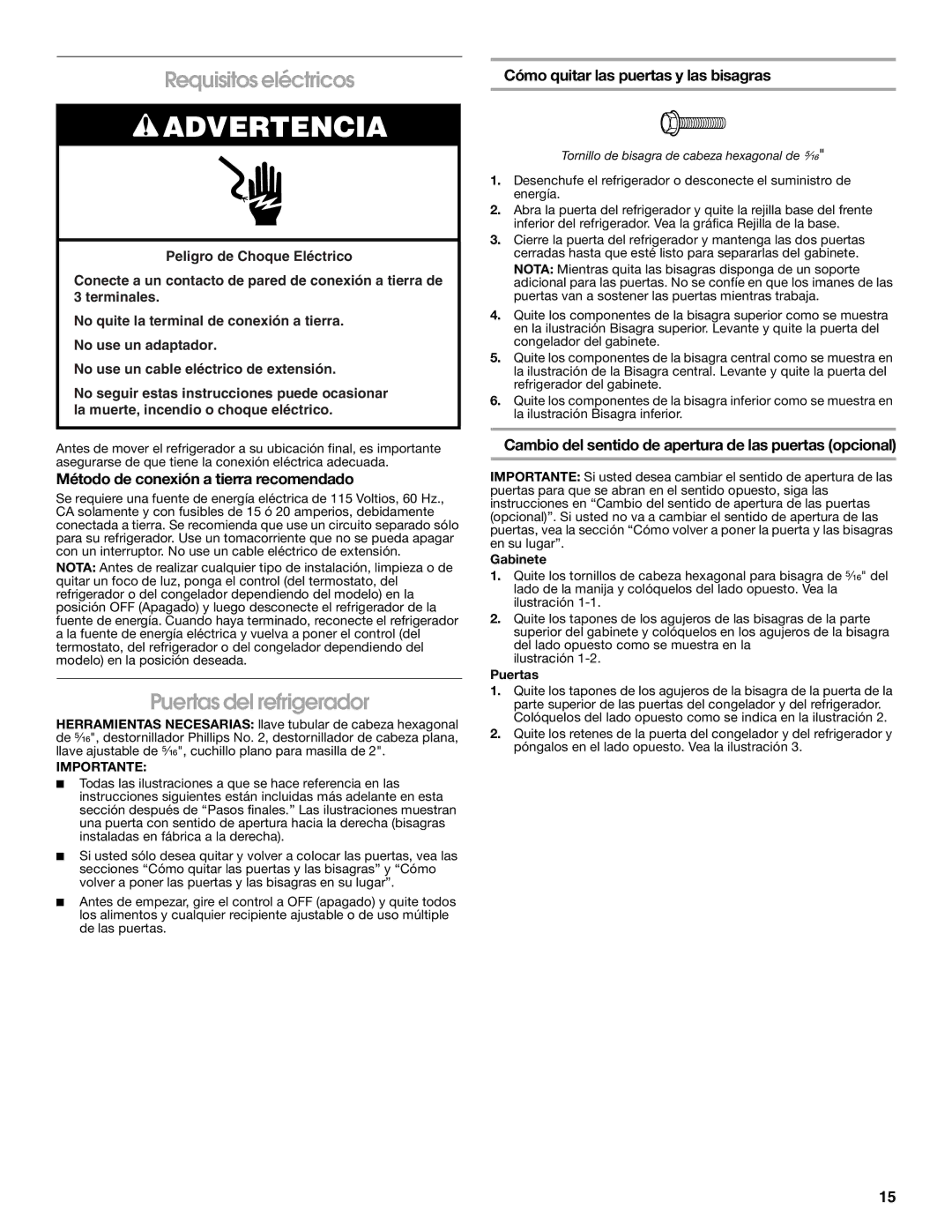 Whirlpool GARAGE REFRIGERATOR Requisitos eléctricos, Puertas del refrigerador, Método de conexión a tierra recomendado 