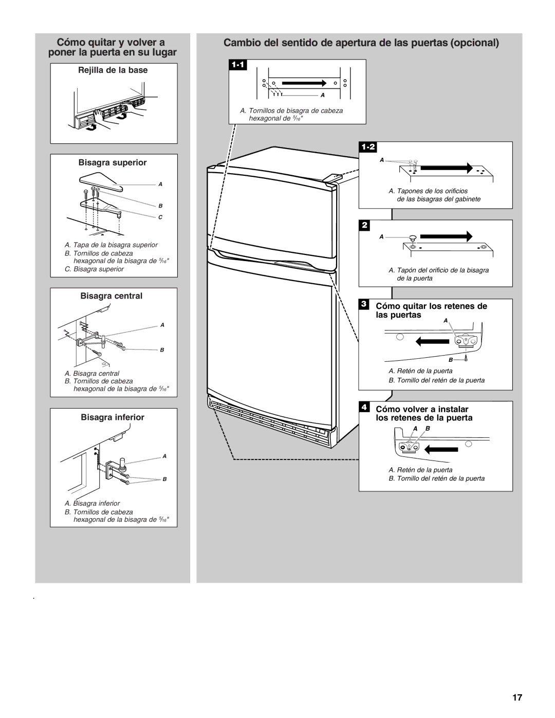 Whirlpool GARAGE REFRIGERATOR manual Cómo quitar y volver a poner la puerta en su lugar 