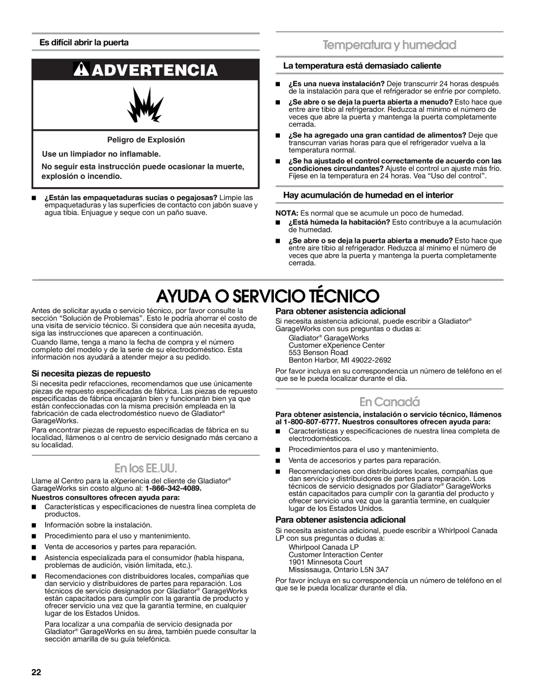 Whirlpool GARAGE REFRIGERATOR manual Ayuda O Servicio Técnico, Temperatura y humedad, En los EE.UU, En Canadá 