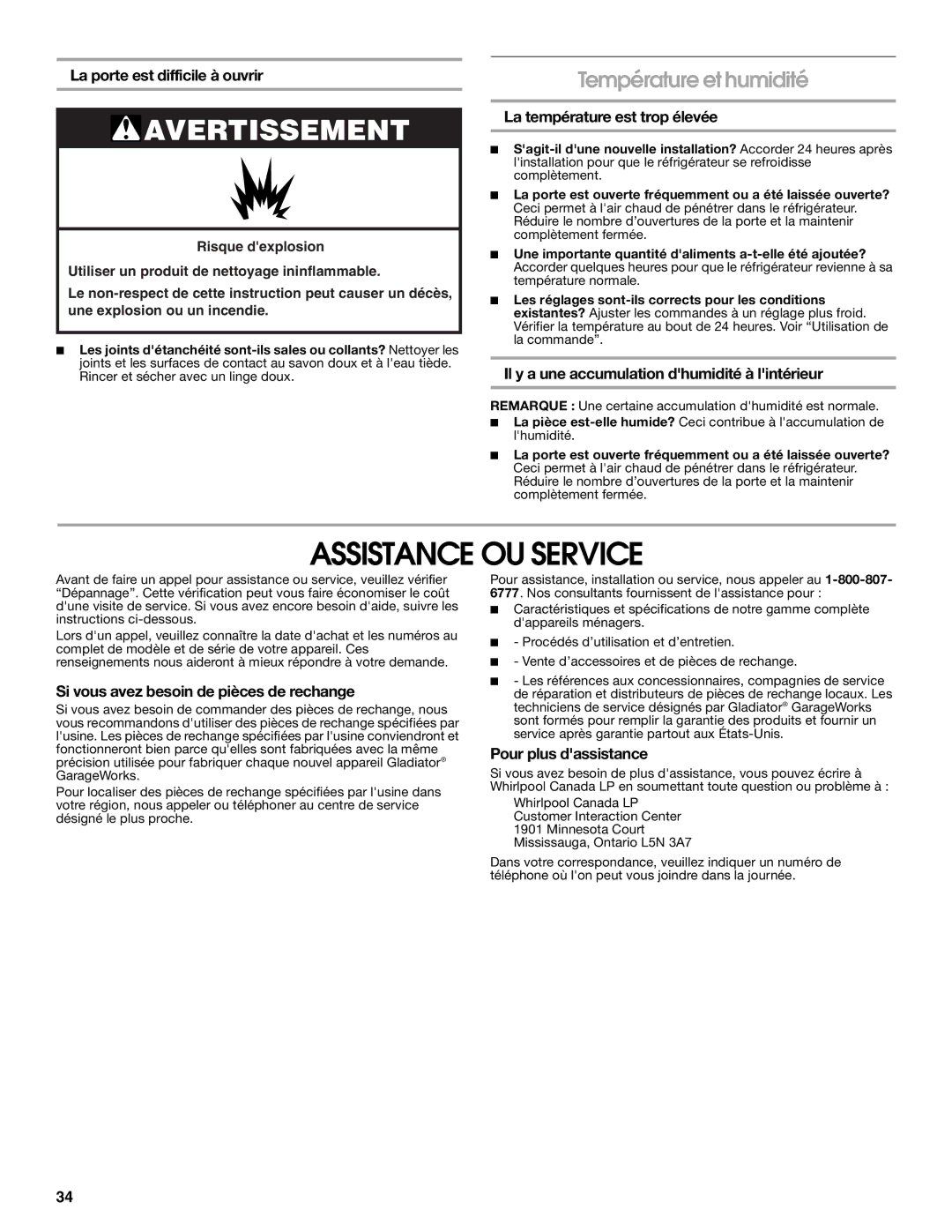 Whirlpool GARAGE REFRIGERATOR manual Assistance OU Service, Température et humidité 