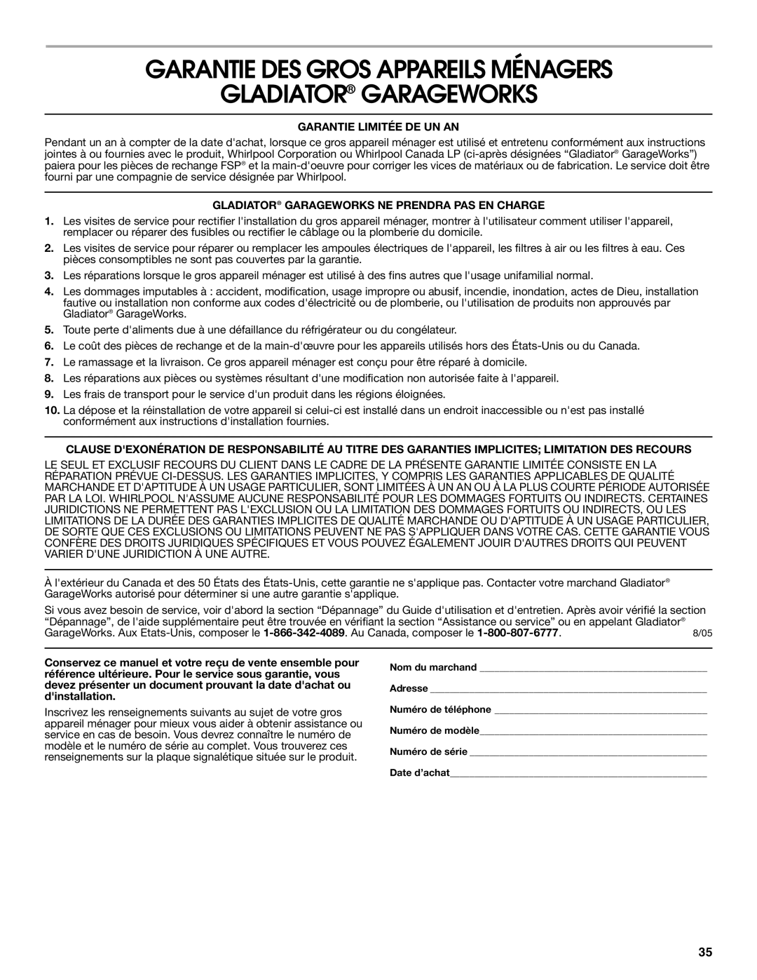 Whirlpool GARAGE REFRIGERATOR manual Garantie DES Gros Appareils Ménagers Gladiator Garageworks, Garantie Limitée DE UN AN 