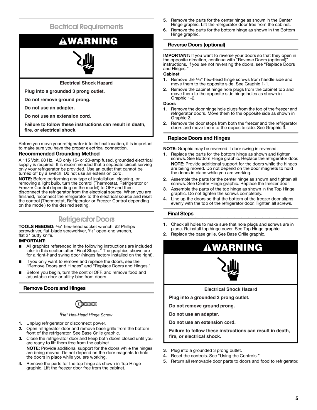 Whirlpool GARAGE REFRIGERATOR manual Electrical Requirements, Refrigerator Doors 