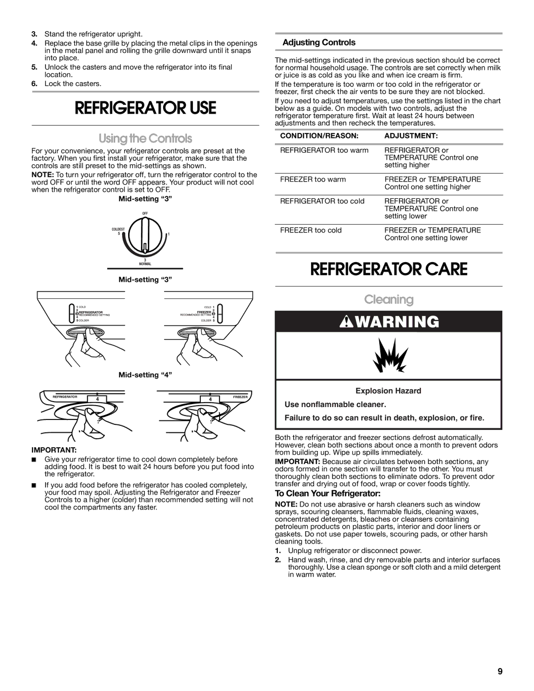 Whirlpool GARAGE REFRIGERATOR manual Refrigerator USE, Refrigerator Care, Using the Controls, Cleaning 