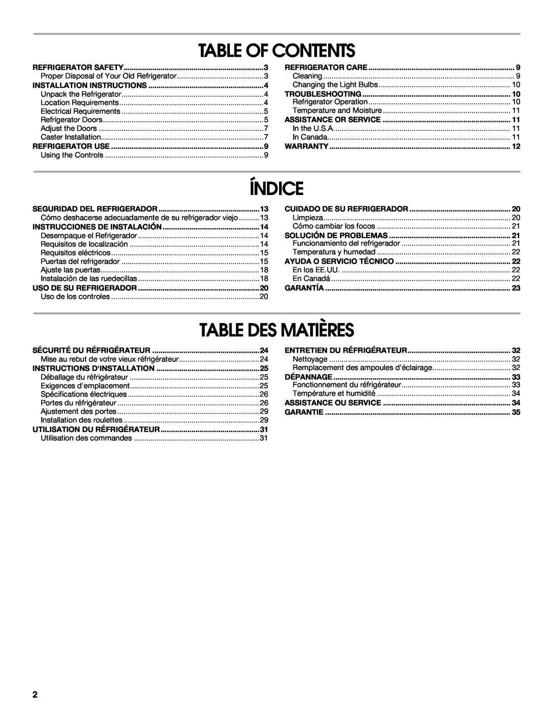 Whirlpool GARAGE REFRIGERATOR manual Table Of Contents, Índice, Table Des Matières 