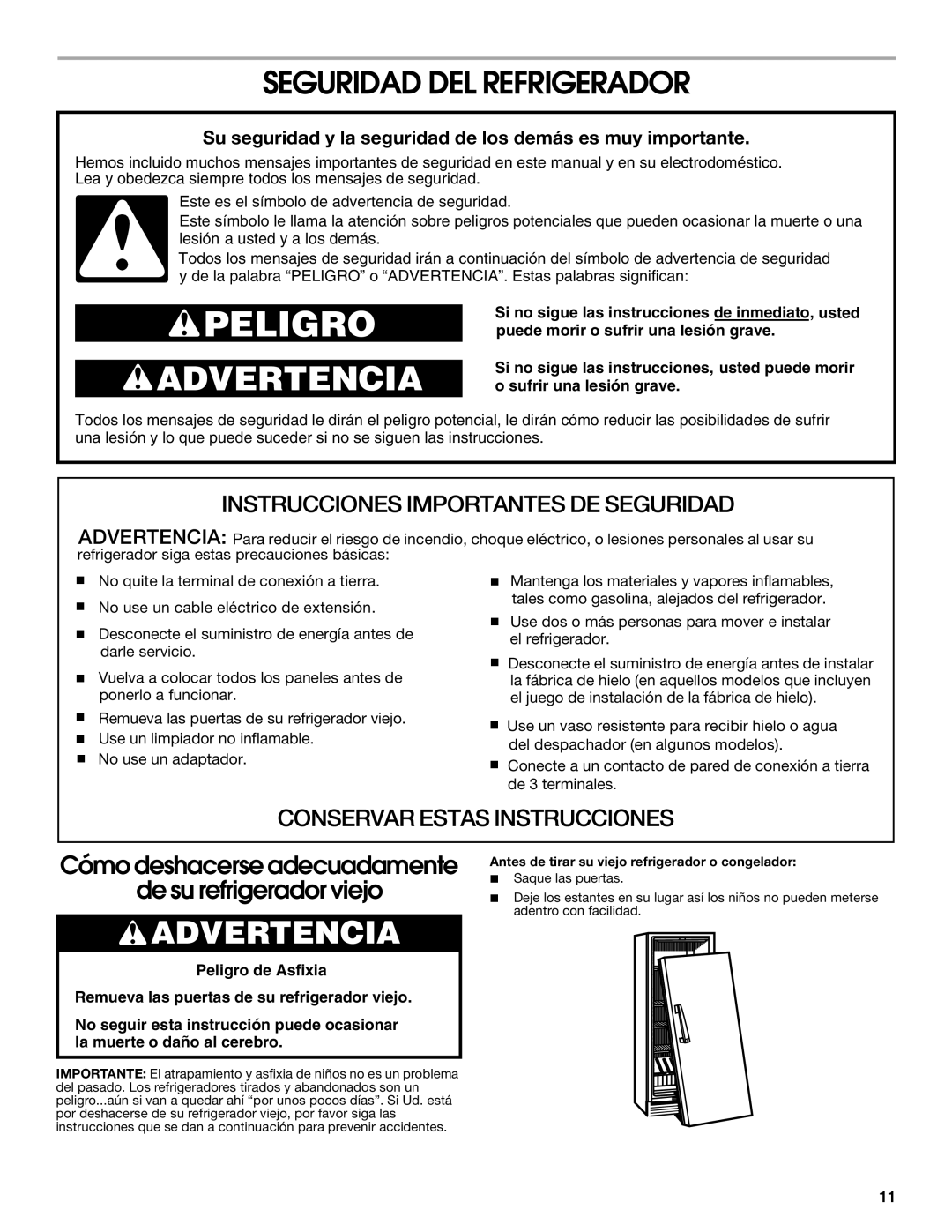 Whirlpool GARF06XXMG00 manual Seguridad DEL Refrigerador, Su seguridad y la seguridad de los demás es muy importante 