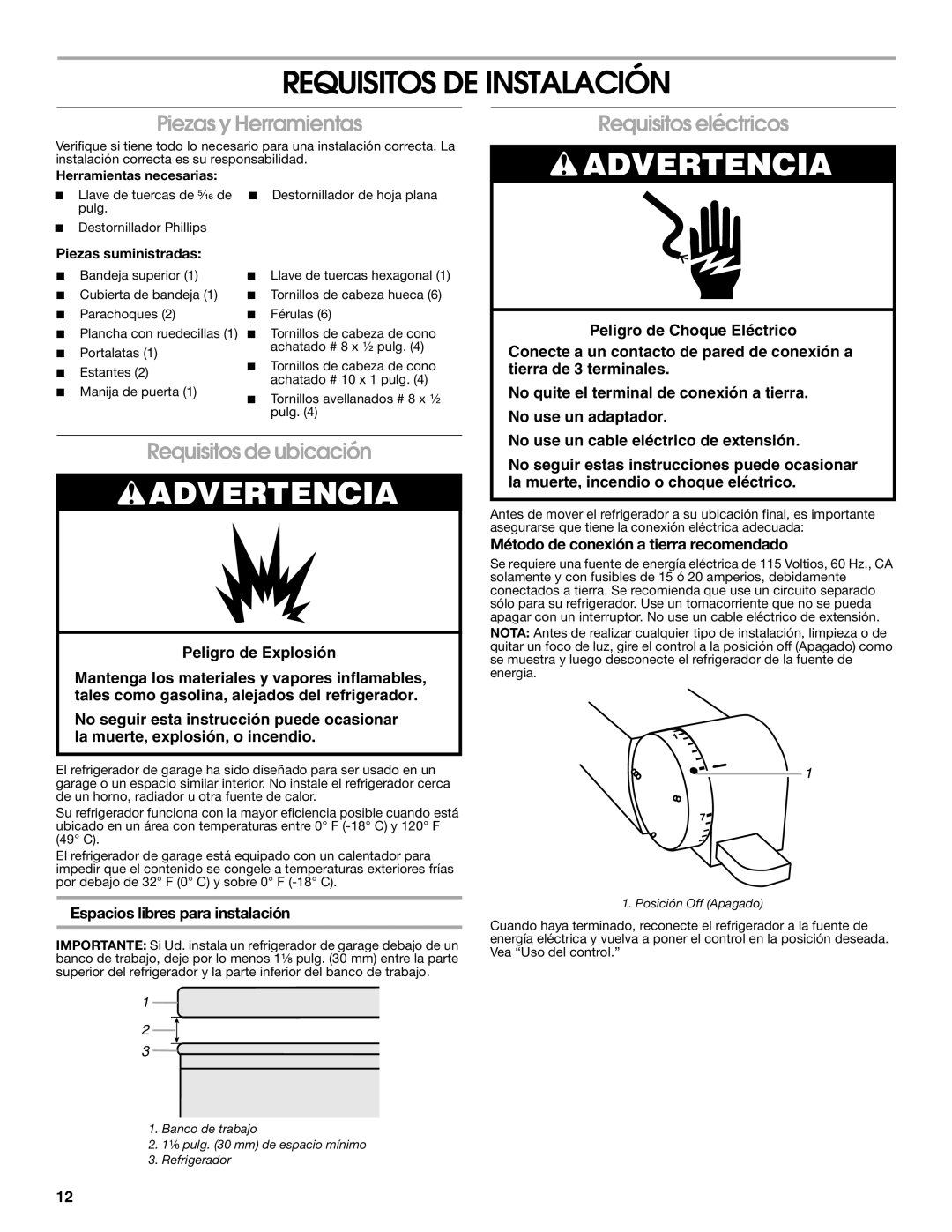 Whirlpool GARF06XXMG00 Requisitos DE Instalación, Piezas y Herramientas, Requisitos eléctricos, Requisitos de ubicación 