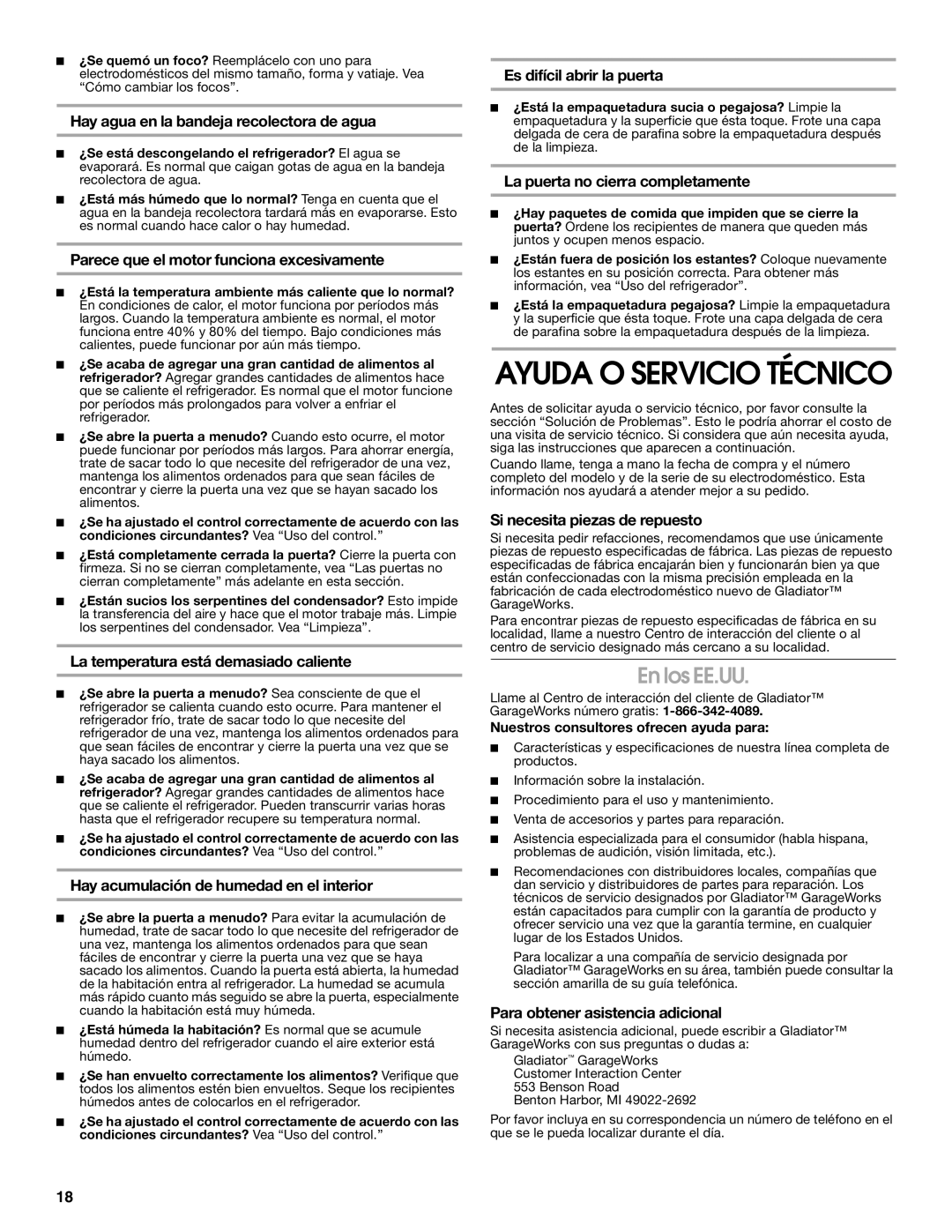 Whirlpool GARF06XXMG00 manual Ayuda O Servicio Técnico, En los EE.UU 