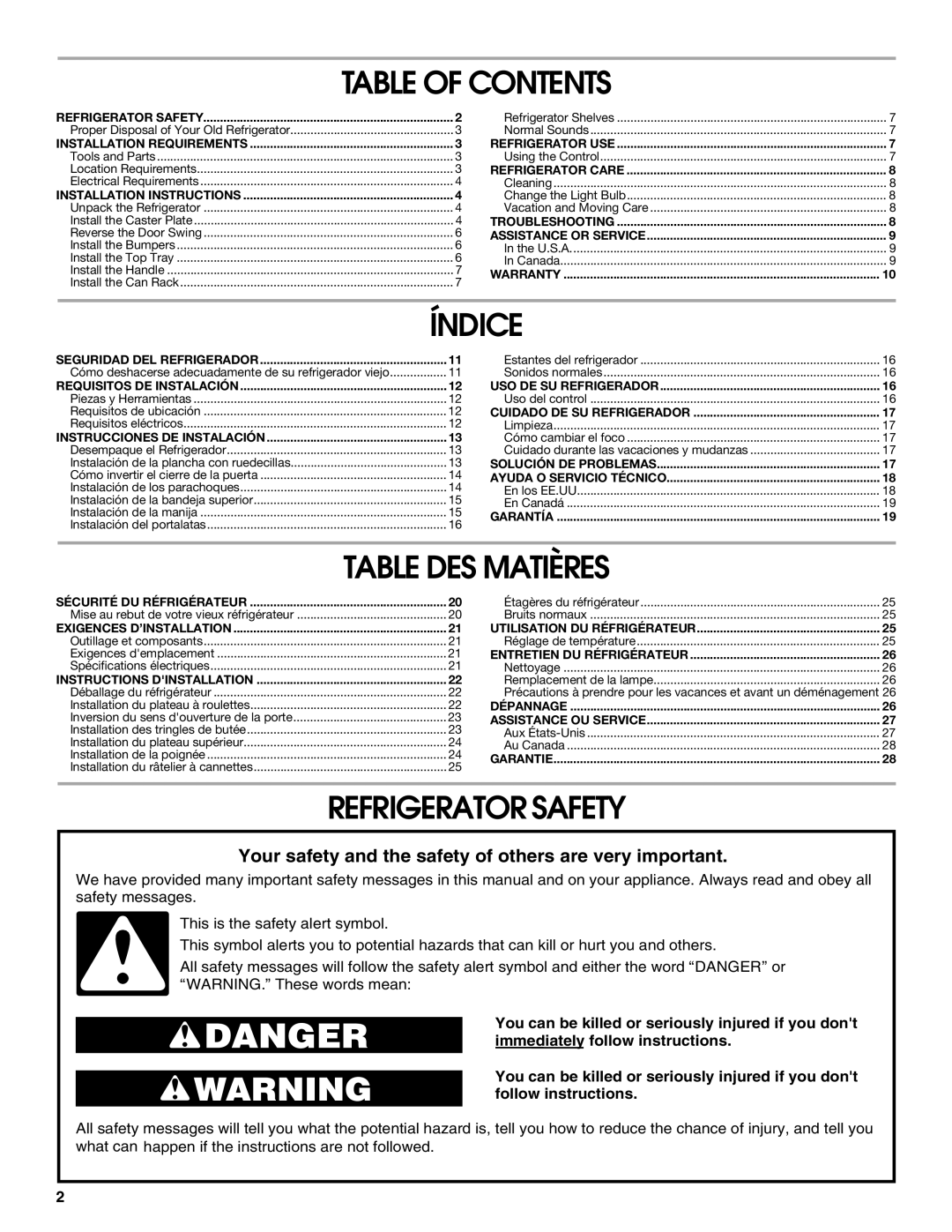 Whirlpool GARF06XXMG00 manual Table of Contents, Índice, Table DES Matières, Refrigerator Safety 