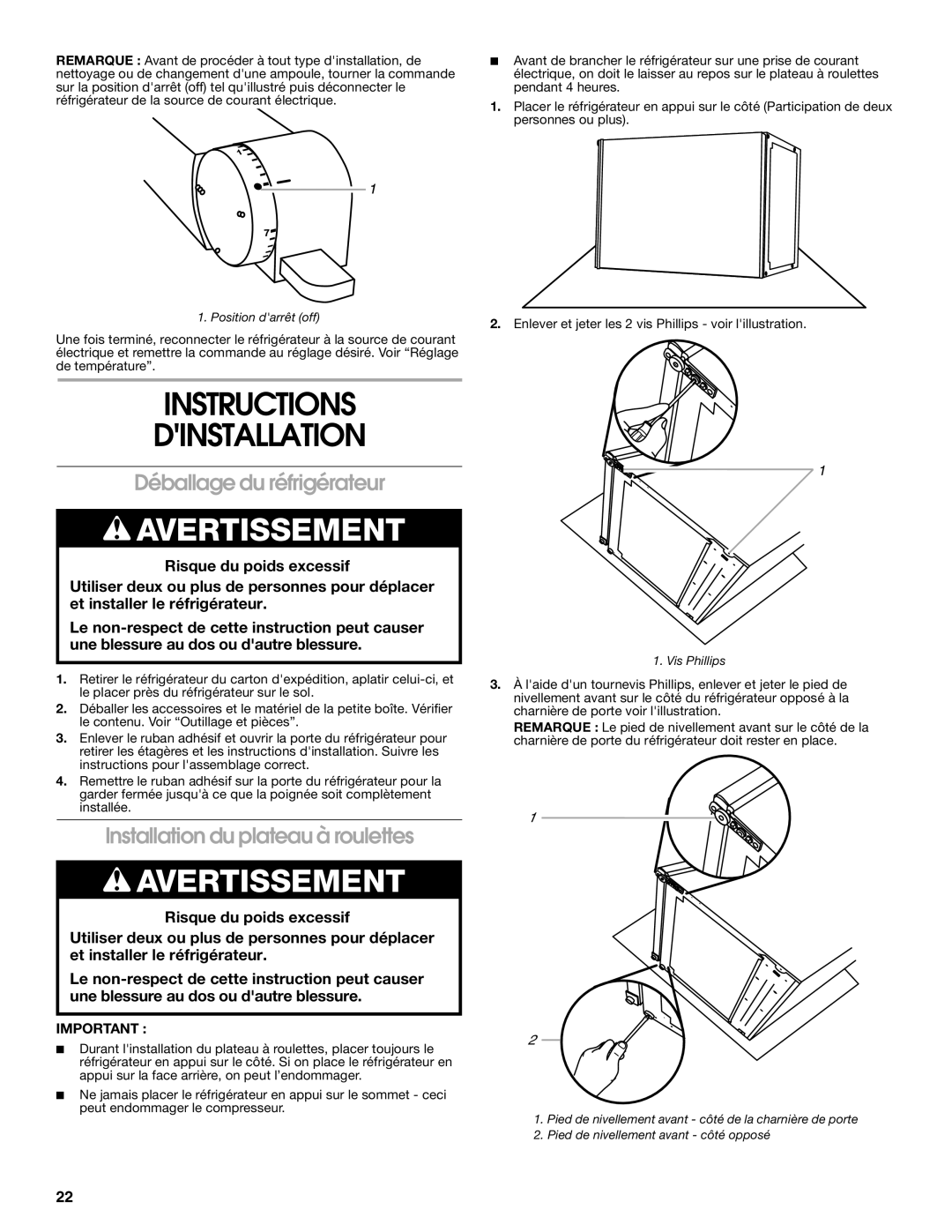 Whirlpool GARF06XXMG00 manual Instructions Dinstallation, Déballage du réfrigérateur, Installation du plateau à roulettes 