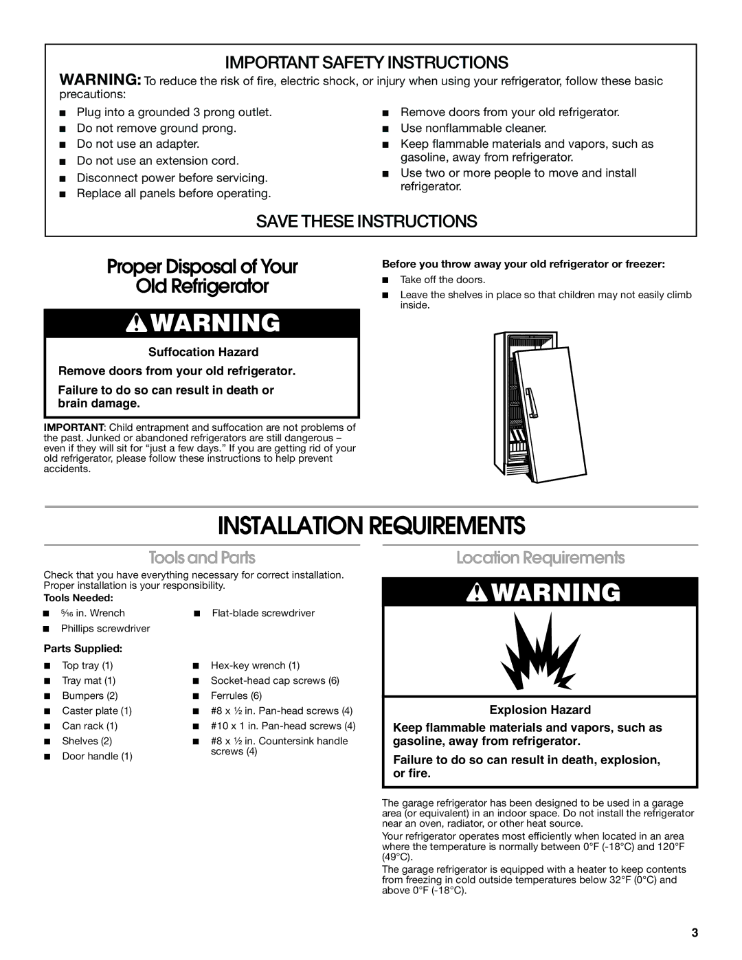 Whirlpool GARF06XXMG00 manual Installation Requirements, Tools and Parts, Location Requirements, Parts Supplied 