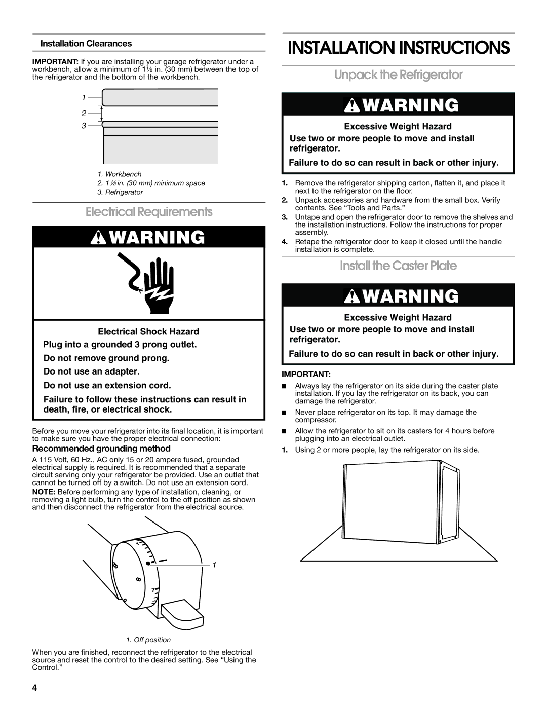 Whirlpool GARF06XXMG00 Electrical Requirements, Unpack the Refrigerator, Install the Caster Plate, Installation Clearances 