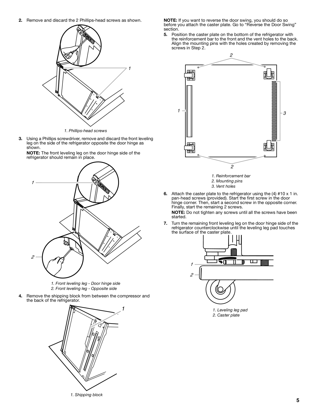 Whirlpool GARF06XXMG00 manual Phillips-head screws, Shipping block, Reinforcement bar Mounting pins Vent holes 