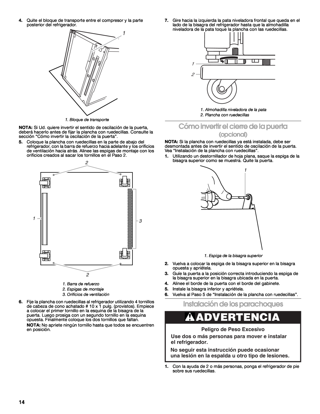 Whirlpool GARF06XXMG00 manual Cómo invertir el cierre de la puerta, Instalación de los parachoques, opcional, Advertencia 