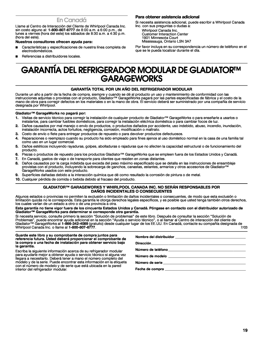 Whirlpool GARF06XXMG00 manual Garageworks, Garantía Del Refrigerador Modular De Gladiator, En Canadá 