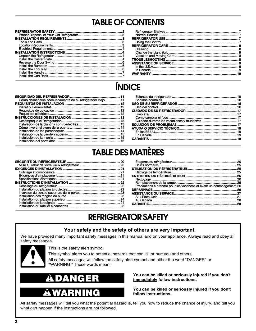 Whirlpool GARF06XXMG00 manual Table Of Contents, Índice, Table Des Matières, Refrigerator Safety 