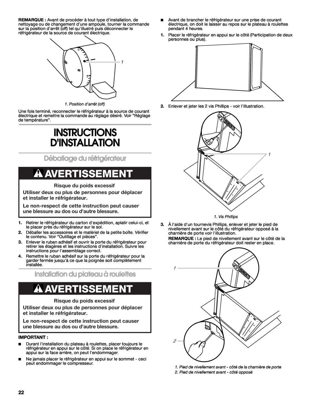 Whirlpool GARF06XXMG00 Instructions Dinstallation, Avertissement, Déballage du réfrigérateur, Risque du poids excessif 