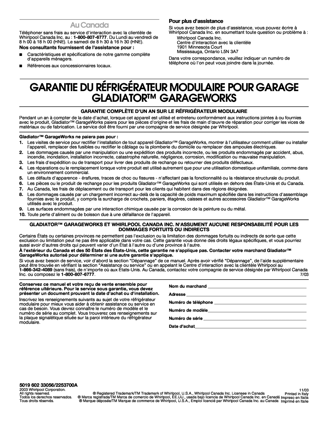 Whirlpool GARF06XXMG00 manual Gladiator Garageworks, Garantie Du Réfrigérateur Modulaire Pour Garage, Au Canada 
