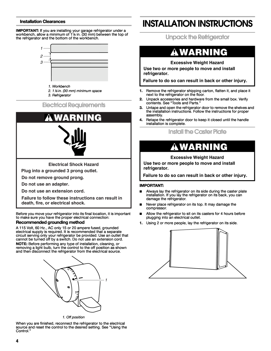 Whirlpool GARF06XXMG00 manual Installation Instructions, Electrical Requirements, Unpack the Refrigerator 
