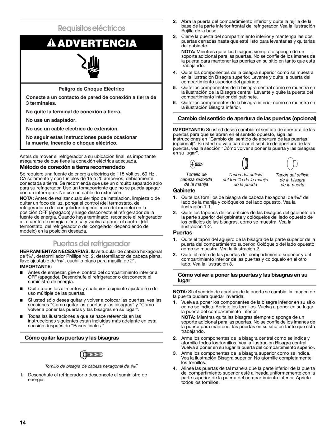 Whirlpool GARF19XXPK00 manual Requisitos eléctricos, Puertas del refrigerador 