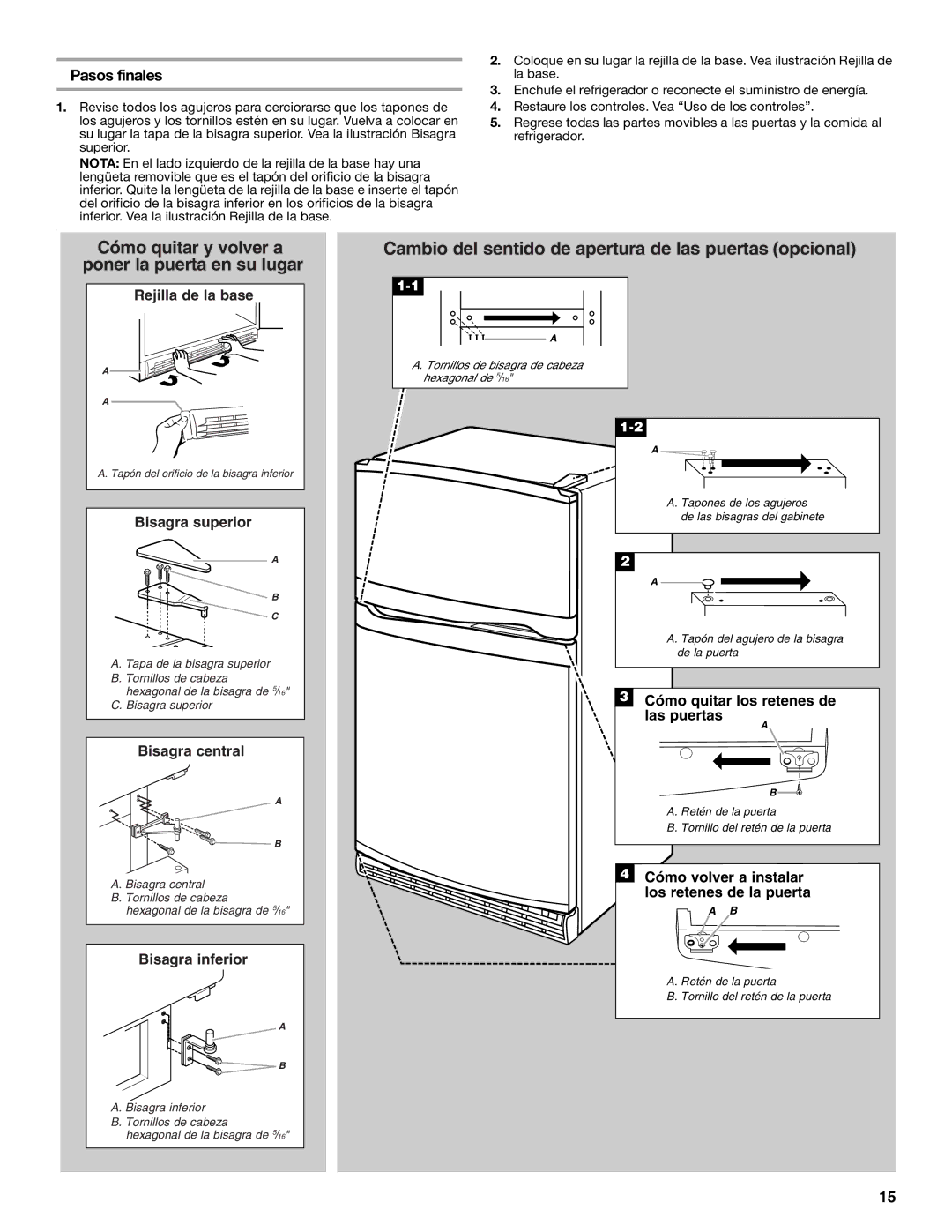 Whirlpool GARF19XXPK00 manual Pasos finales, Bisagra superior 