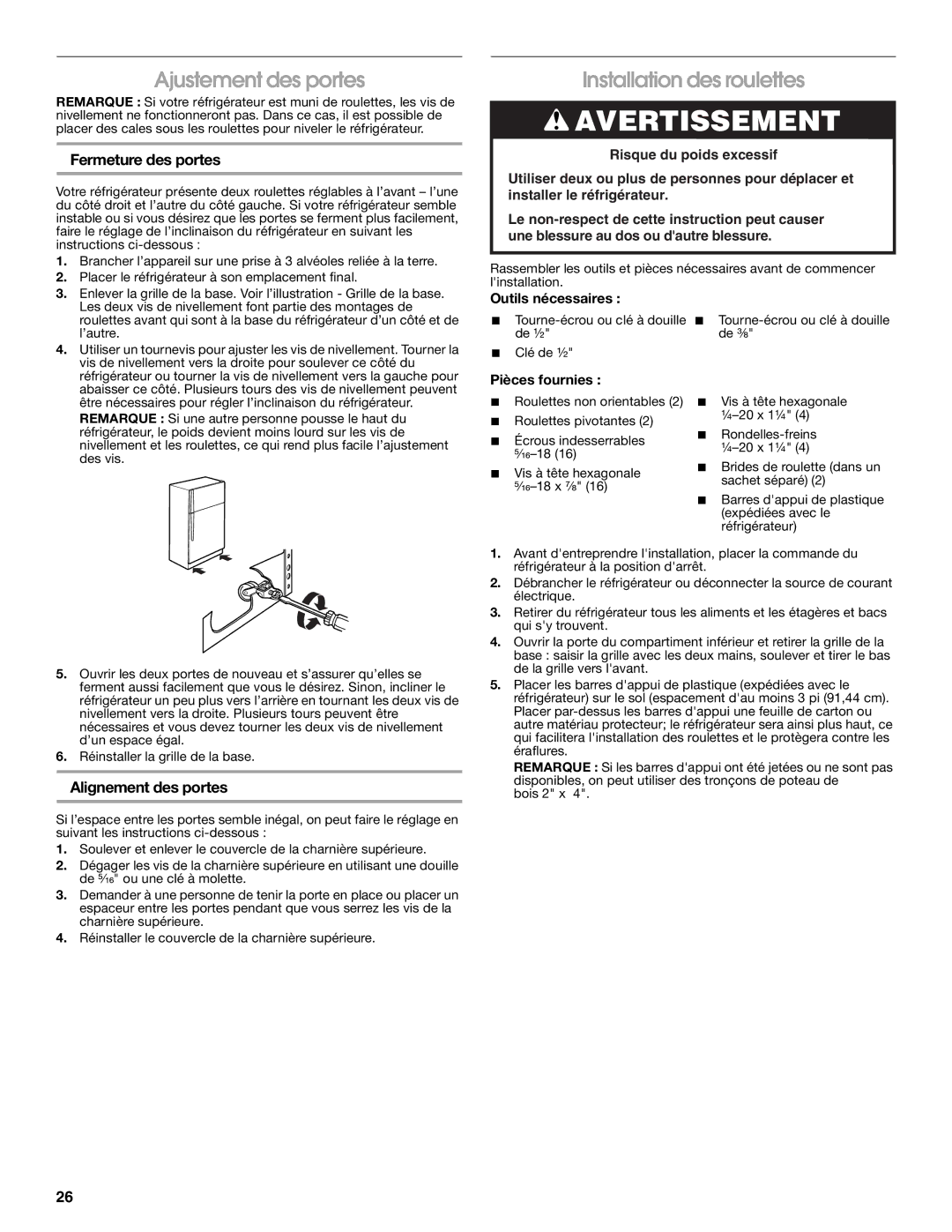 Whirlpool GARF19XXPK00 Ajustement des portes, Installation des roulettes, Fermeture des portes, Alignement des portes 