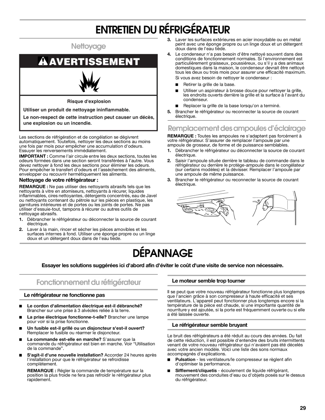 Whirlpool GARF19XXPK00 manual Entretien DU Réfrigérateur, Dépannage, Nettoyage, Remplacement des ampoules d’éclairage 