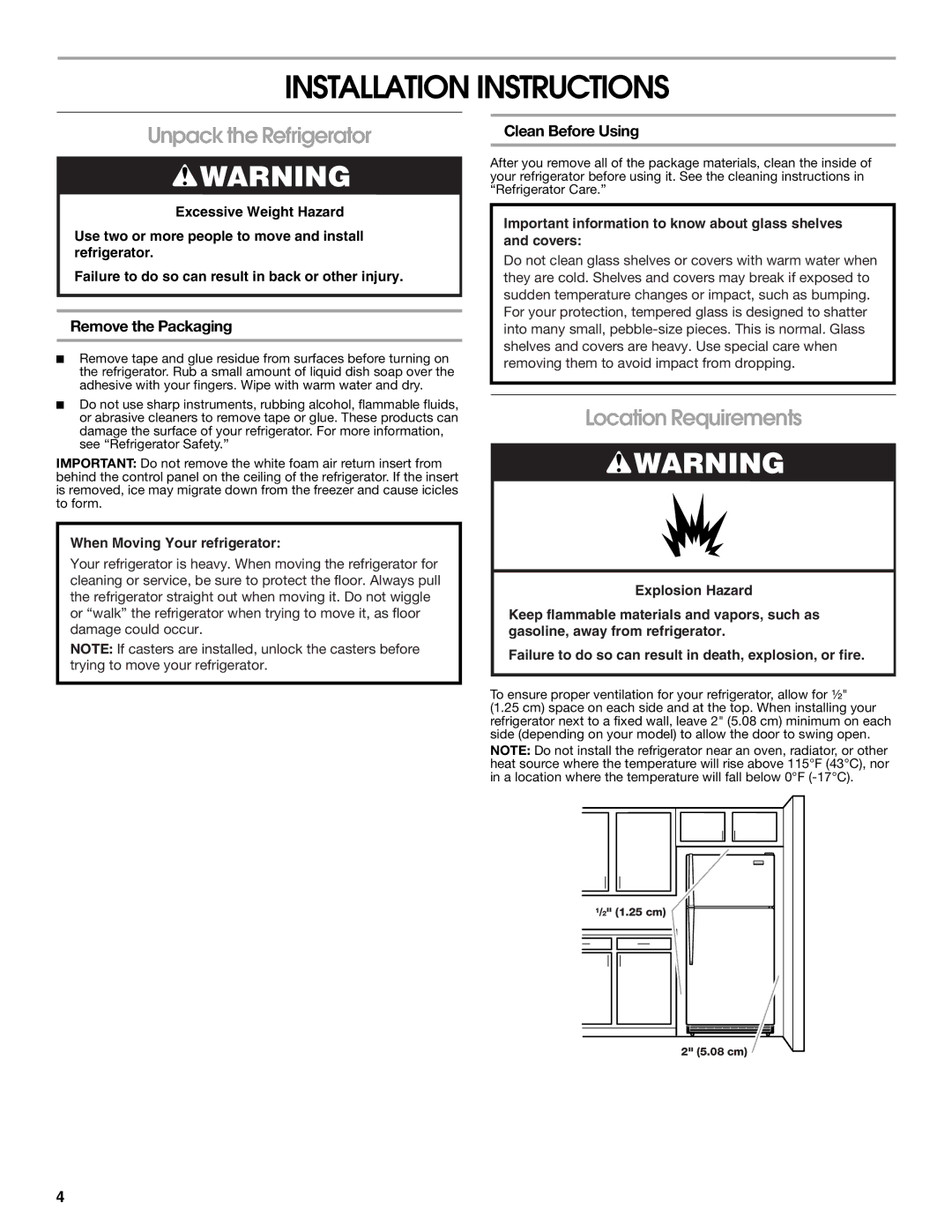 Whirlpool GARF19XXPK00 Installation Instructions, Unpack the Refrigerator, Location Requirements, Remove the Packaging 