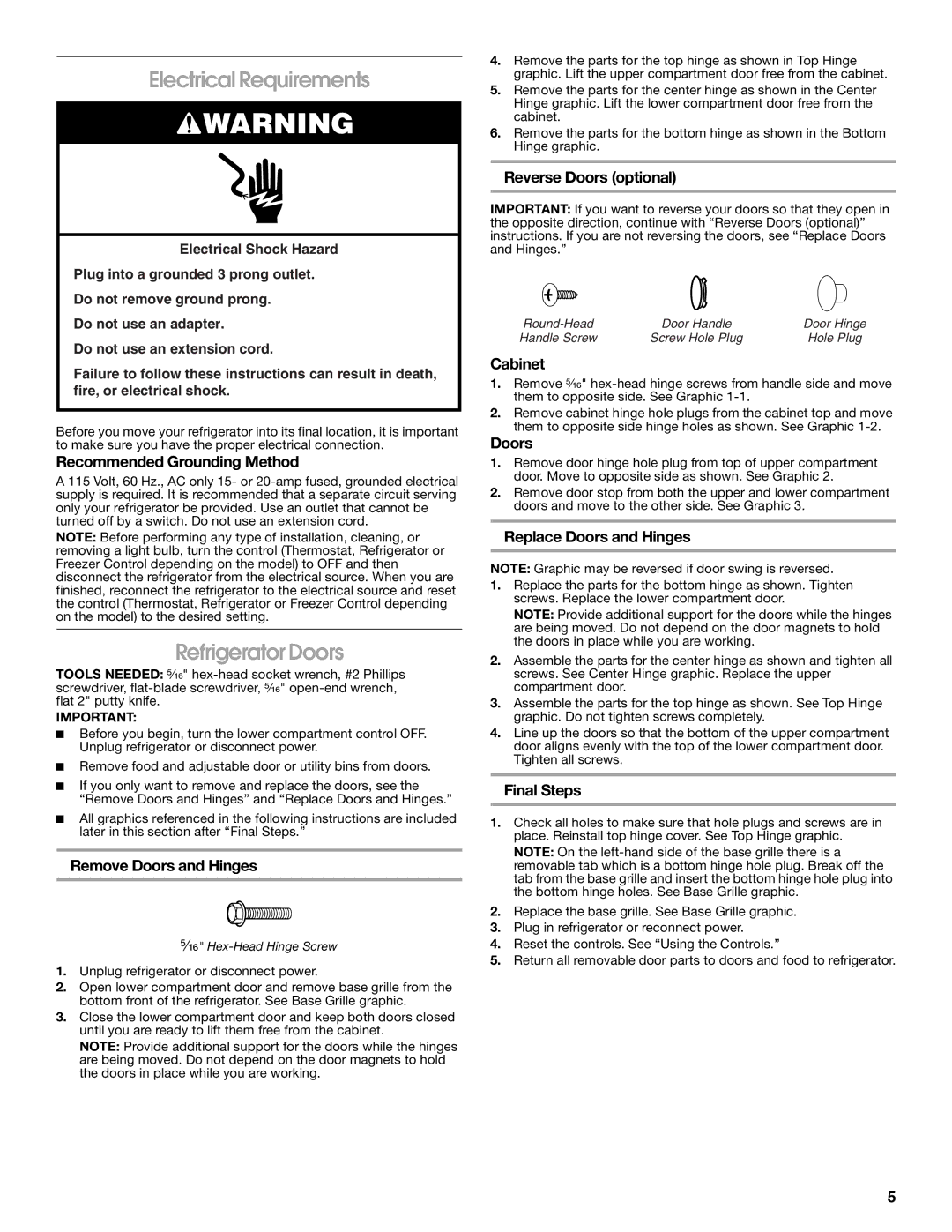 Whirlpool GARF19XXPK00 manual Electrical Requirements, Refrigerator Doors 