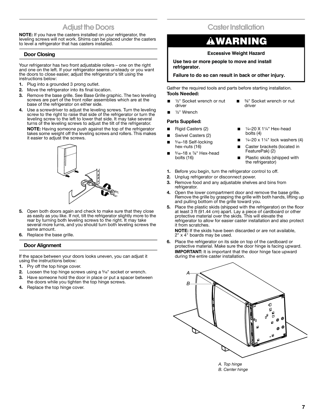 Whirlpool GARF19XXPK00 manual Adjust the Doors, Caster Installation, Door Closing, Door Alignment 