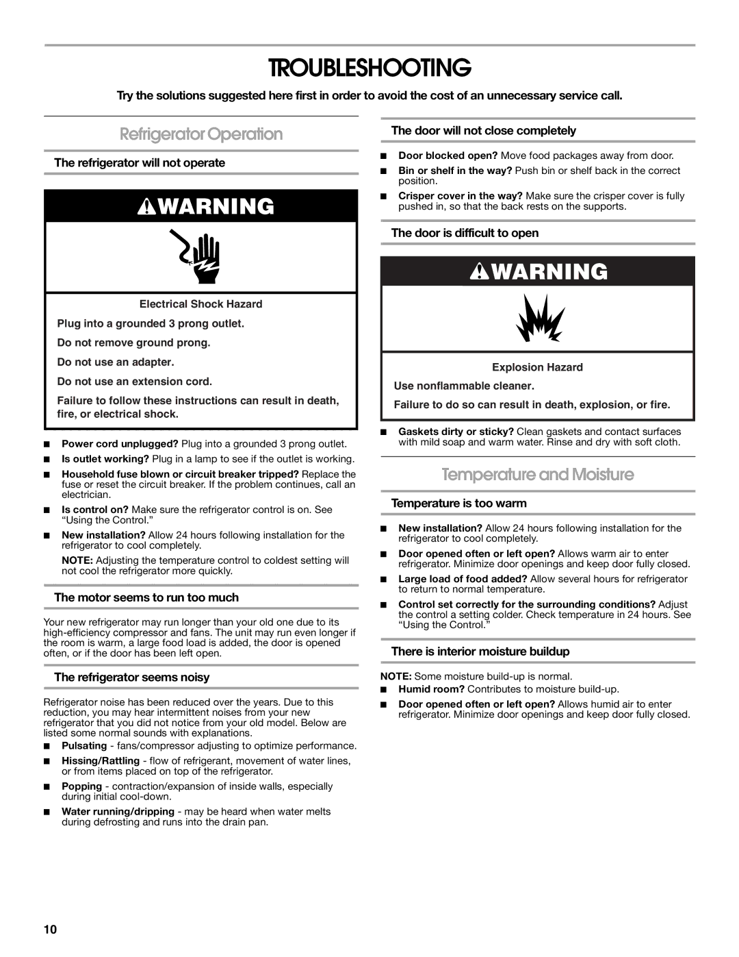 Whirlpool GARF19XXPK01 manual Troubleshooting, Refrigerator Operation, Temperature and Moisture 