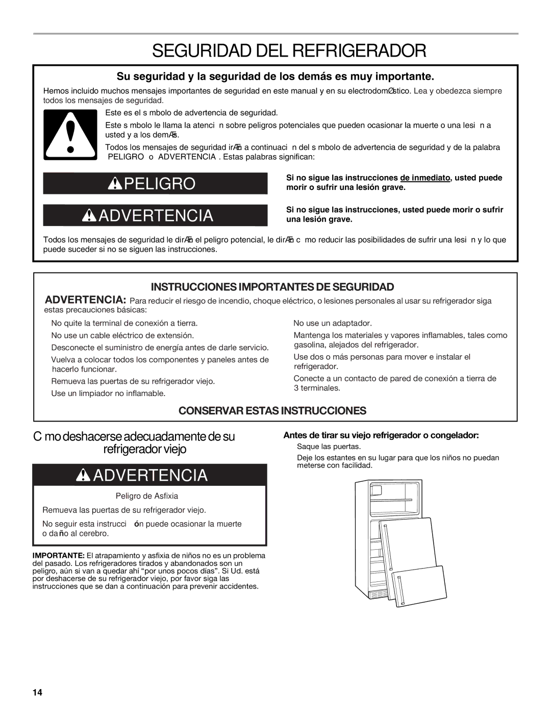 Whirlpool GARF19XXPK01 manual Seguridad DEL Refrigerador, Antes de tirar su viejo refrigerador o congelador 