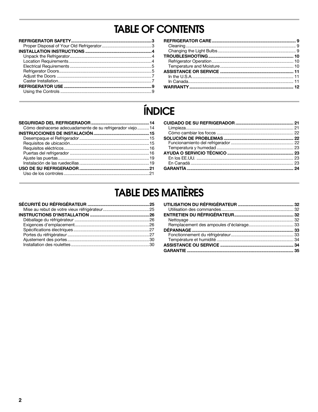 Whirlpool GARF19XXPK01 manual Table of Contents, Índice, Table DES Matières 